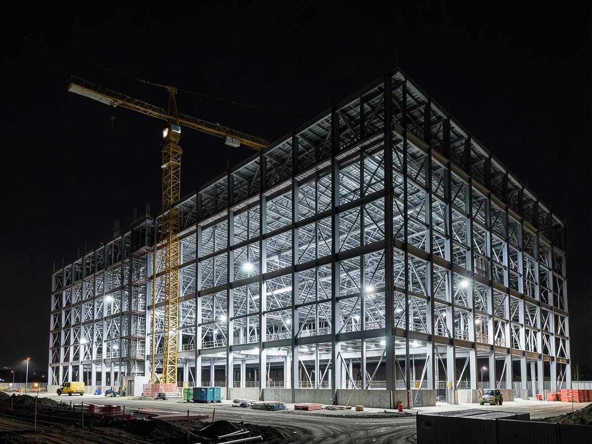 Data center structure under construction with elevated access in place
