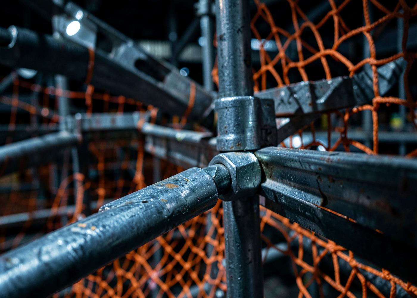Scaffold couplers, guardrails and safety netting in detail